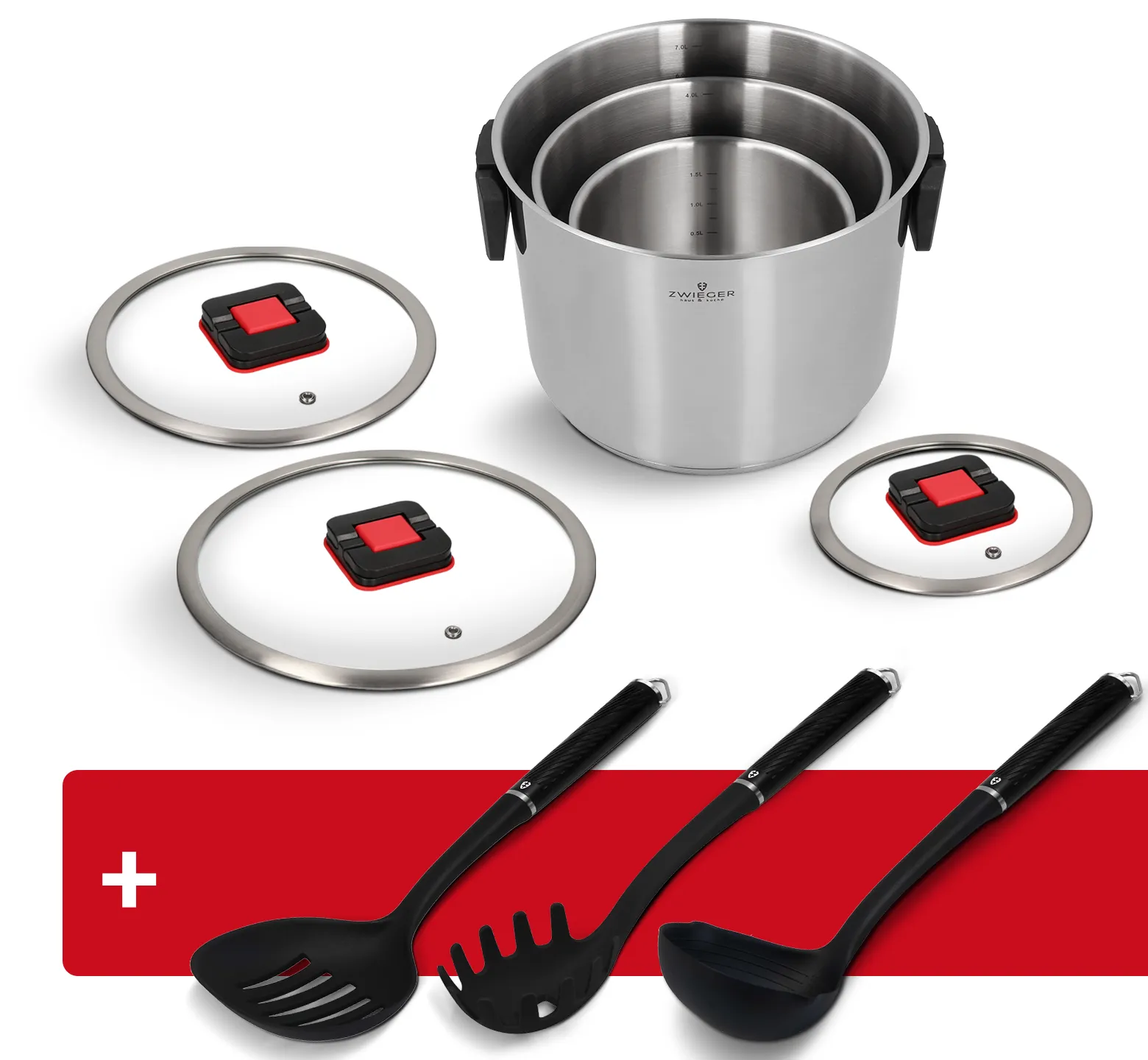 Zestaw garnków 6 el. Kompact Zwieger + Podbierak, łyżka do makaronu, chochla Forte
