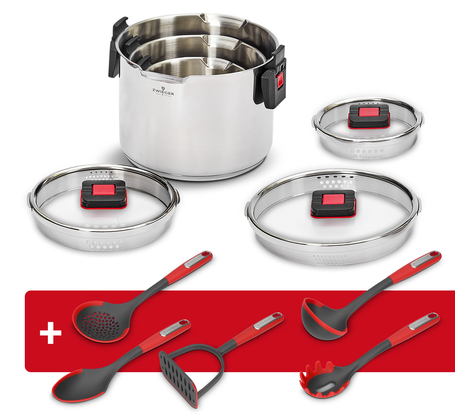 Zestaw garnków 6 el. Kompact PRO + Podbierak, łyżka, tłuczek do ziemniaków, łyżka do makaronu i chochla Obsidian Lite Zwieger