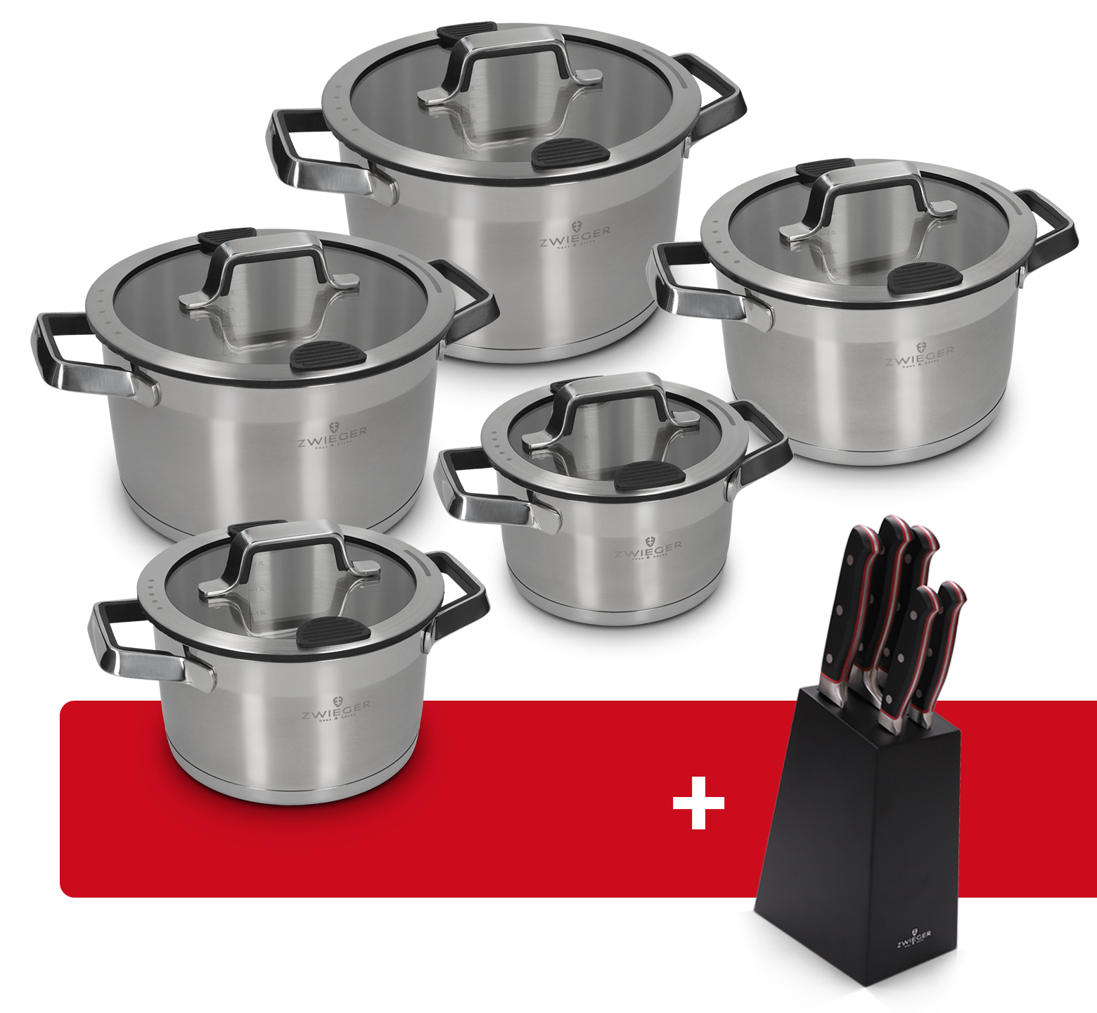 Zestaw garnków 10 el. Klassiker PRO Black + Blok z zestawem 5 noży Klassiker Zwieger
