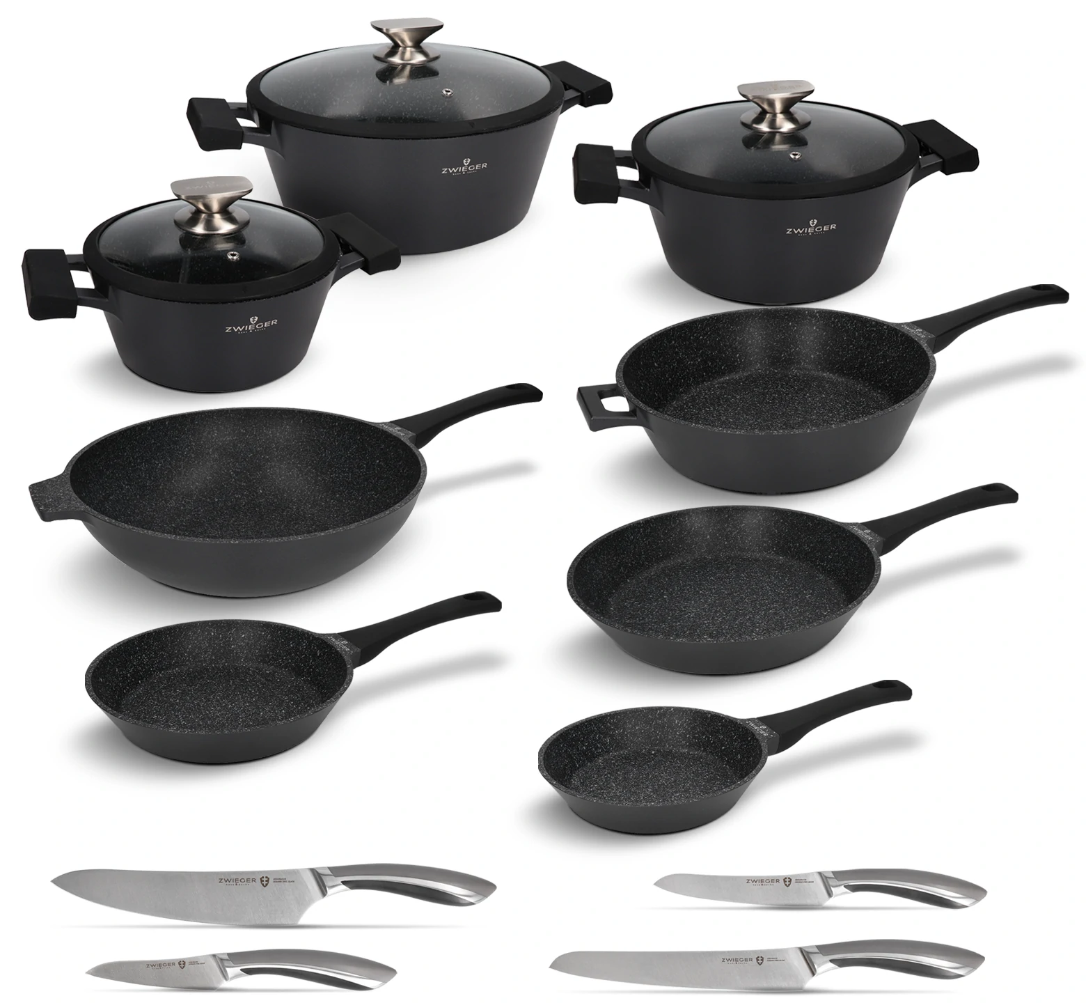 Zestaw garnków, patelni i noży 15 el. Black Stone Zwieger